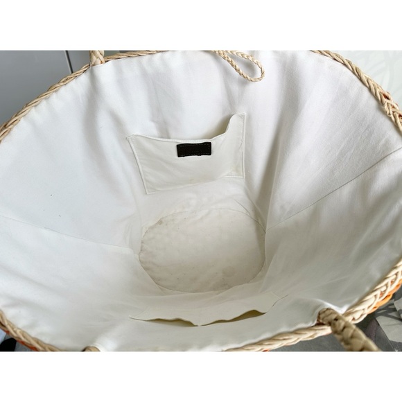 J. Crew Raffia Basket Bag Orange Natural Stripe Button Closure Fabric Lined - Picture 7 of 9